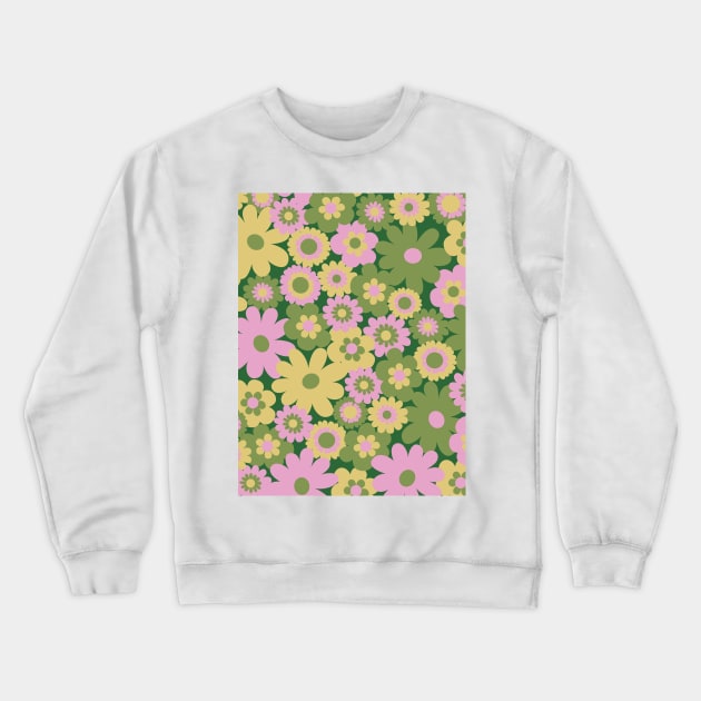 60s retro flower power, retro green, pink, mustard yellow, 60s groovy pattern, hippie flowers Crewneck Sweatshirt by blomastudios